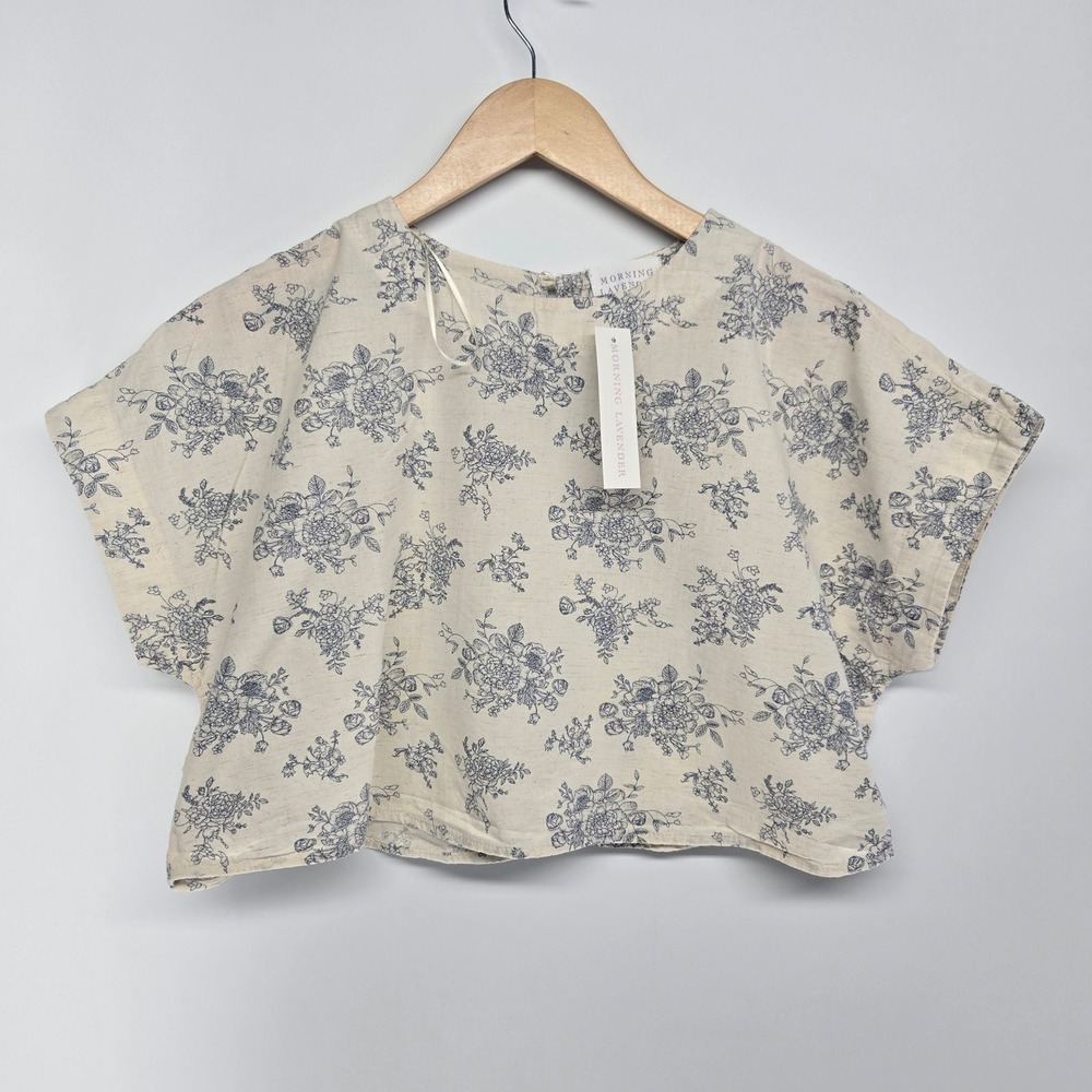 Morning Lavender Jules Floral Top Large Ivory Blue Crop Short Sleeve Blouse